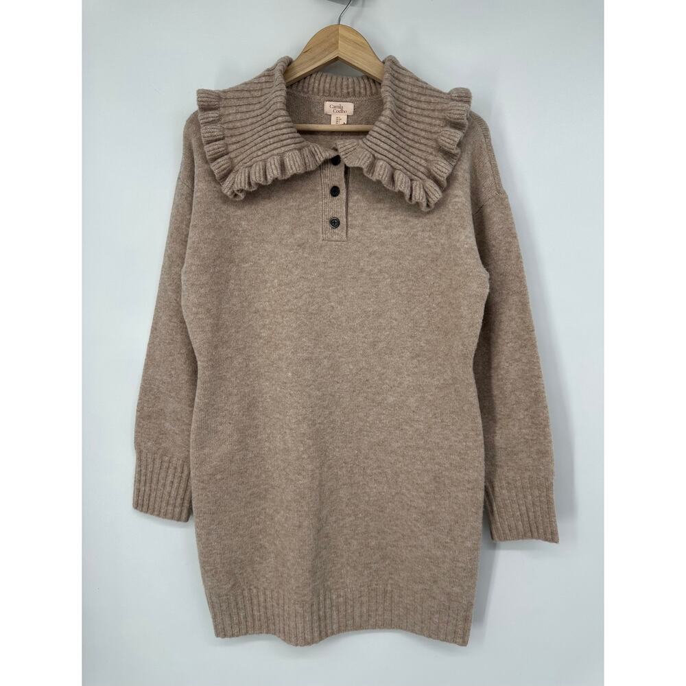 Camila Coelho Sweater Dress Peter Pan Collar Ruffle Chunky Knit Revolve Mini Tan - Picture 2 of 10